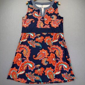 Mazu Swim 1X Swim Dress Navy Blue Orange Paisley Floral Pockets Split Neck